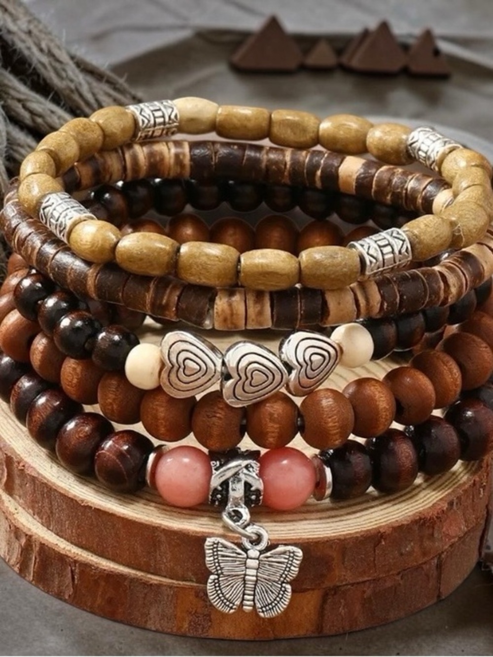 Boho Multi-Strand Wood Bead Bracelet Stack with Butterfly Charm — Brown & Pink